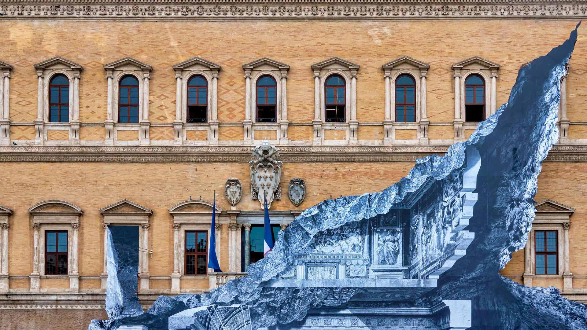 'Vanishing Point' by French street artist JR on the facade of Palazzo Farnese