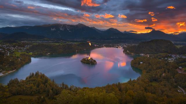Lake Bled from Osojnica viewpoint at sunrise