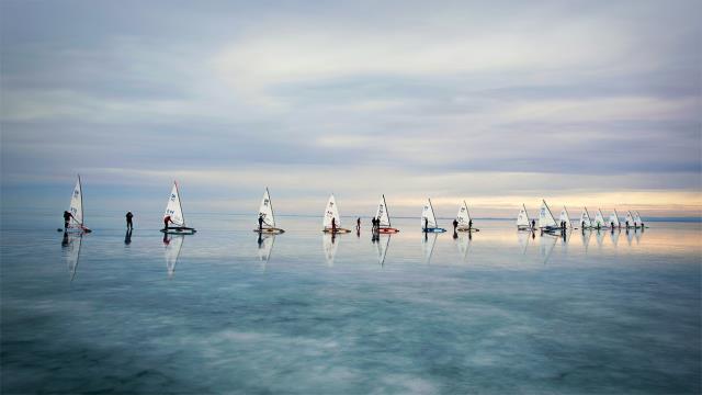 Ice and snow sailing European Championship on Lake Balaton in Hungary