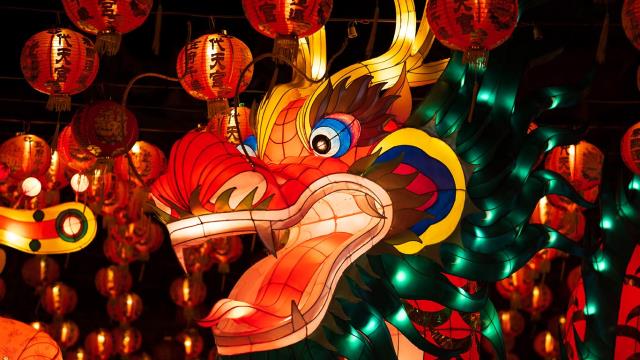 Chinese traditional dragon lantern illuminated at night
